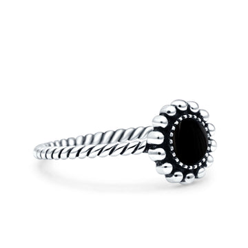 Petite Dainty Rope Vintage Style Lab Opal Ring Solid Round Oxidized Simulated Black Onyx 925 Sterling Silver